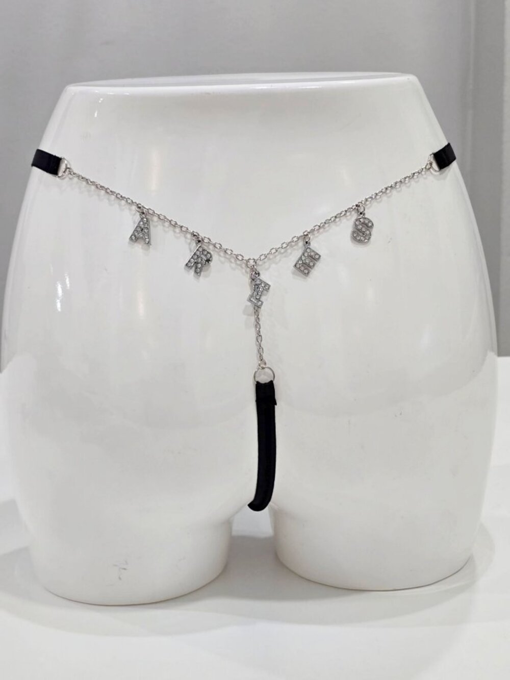 HOROSCOPEZ ✦ Aries Charm Thong ✦ Black Rhinestone Front Panel Zodiac Chain Back